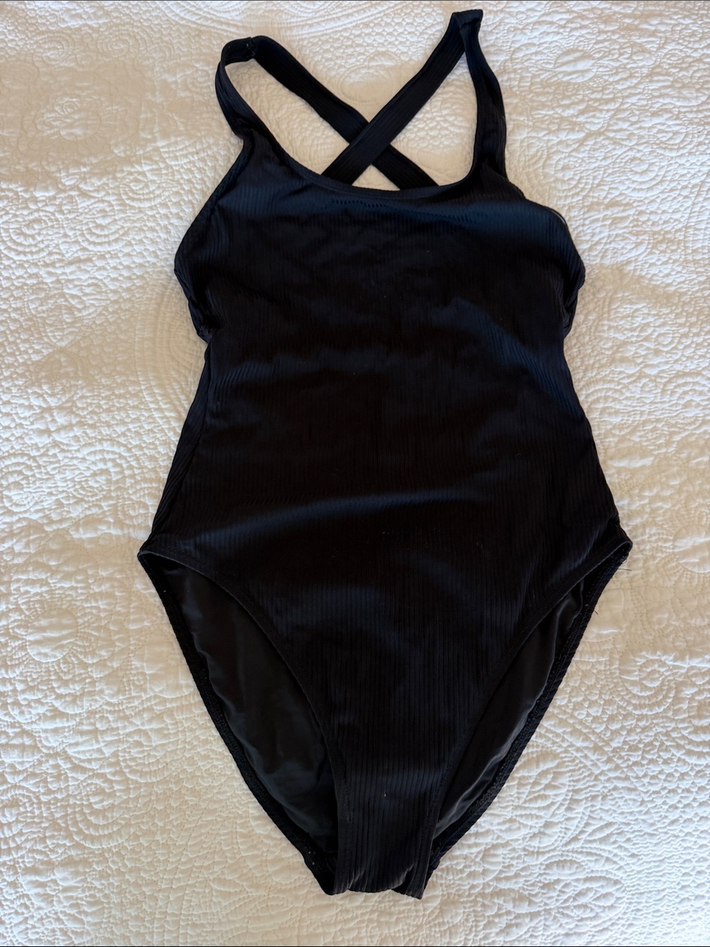 Andie Black Ribbed Cross-Back One-Piece Swimsuit long torso